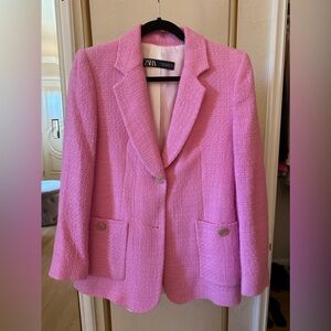 ZARA Pink tweed blazer with gold buttons